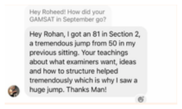 Student message: Hey Rohan, I got an 81 in Section 2, a tremendous jump from 50 in my previous sitting.