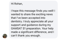 Student message screenshot thanking Rohan after being accepted into dentistry.
