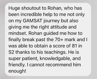 Student message screenshot describing a Section 2 score of 81 after breaking past 70.