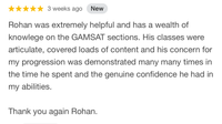 Student review screenshot praising Rohan's GAMSAT teaching and support.