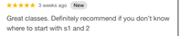 Student review screenshot recommending Rohan's classes for Sections 1 and 2.