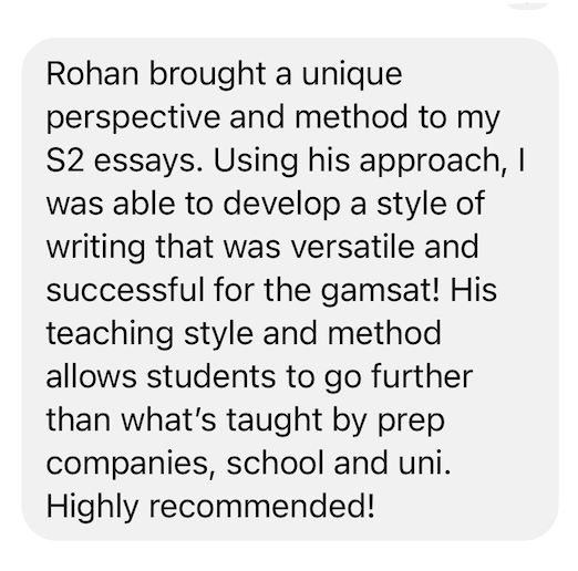 Student message screenshot with a GAMSAT result and thanks to Rohan.